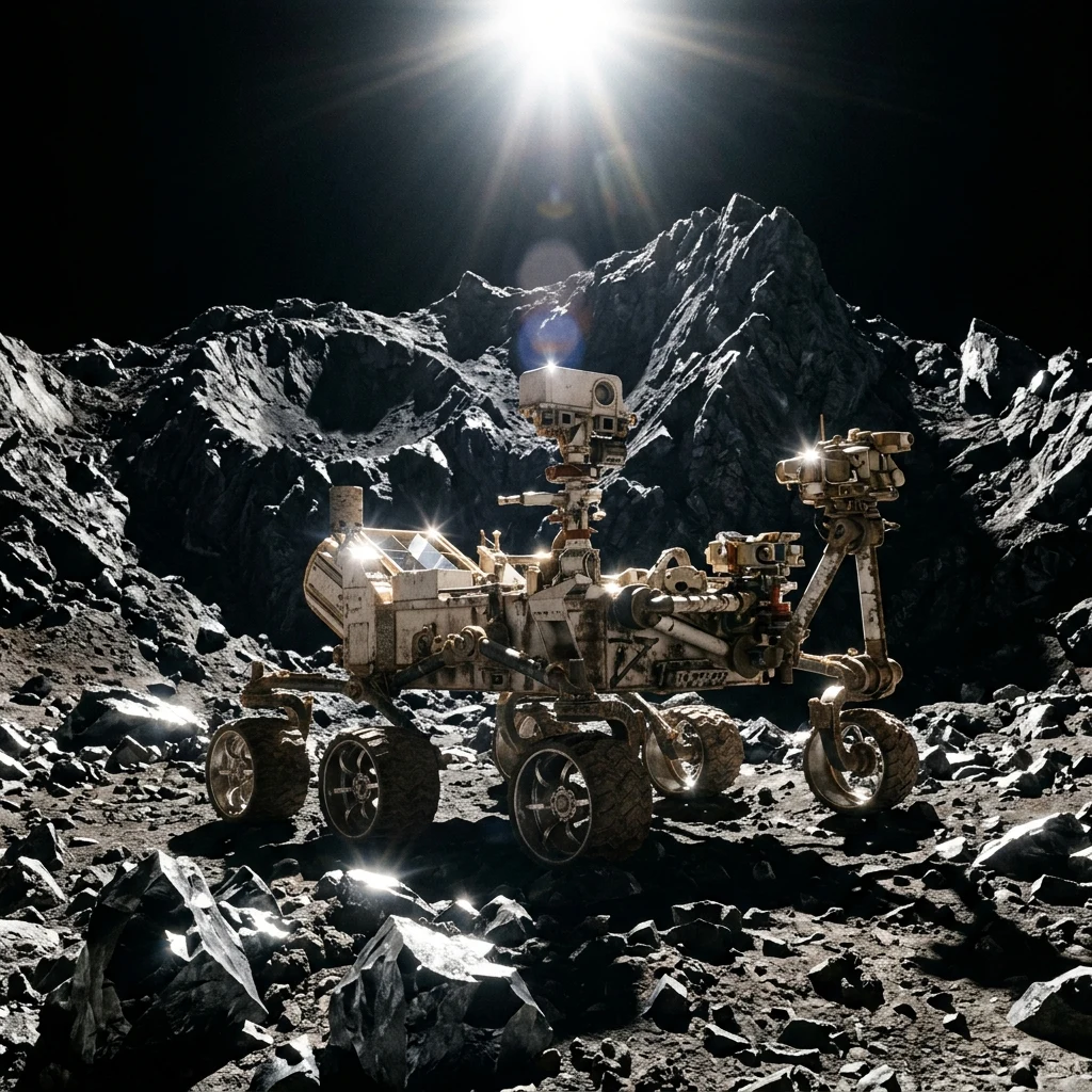 A dramatic photograph taken by a rover stationed at the base of Vesper Ridge on Mercury