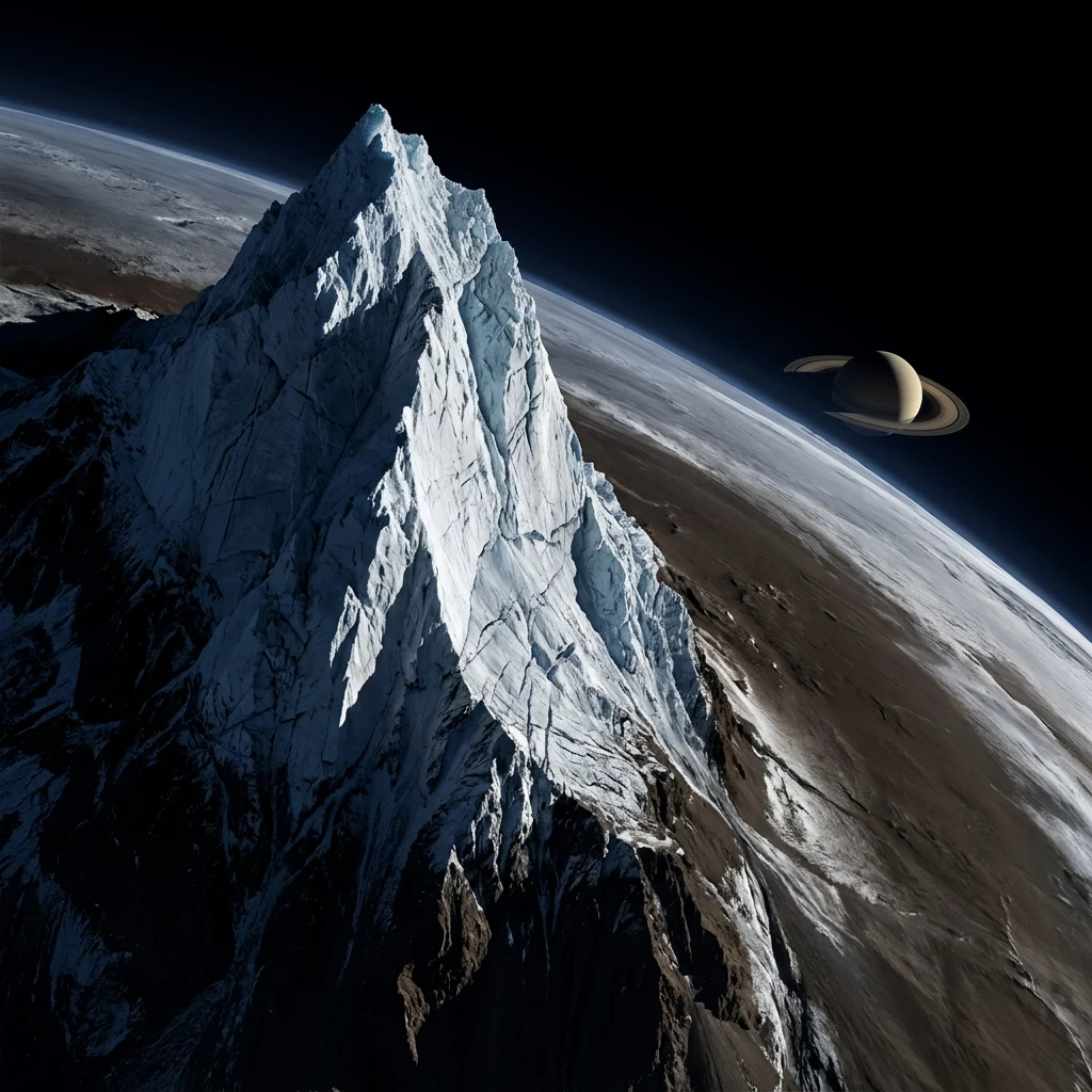 A low-orbit pass over a 20-kilometer vertical ice peak along the Equatorial Ridge of…