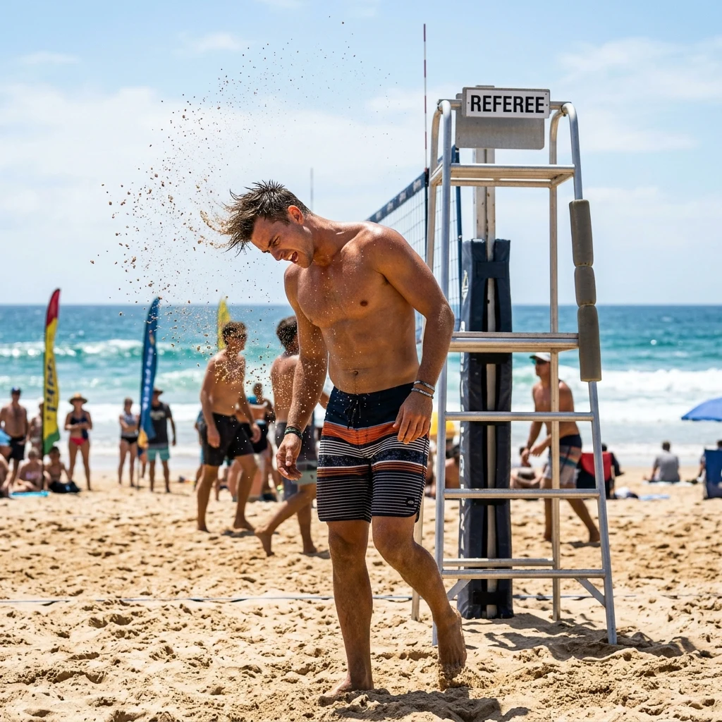 A male beach volleyball player in striped board trunks shaking sand off his hair near the…