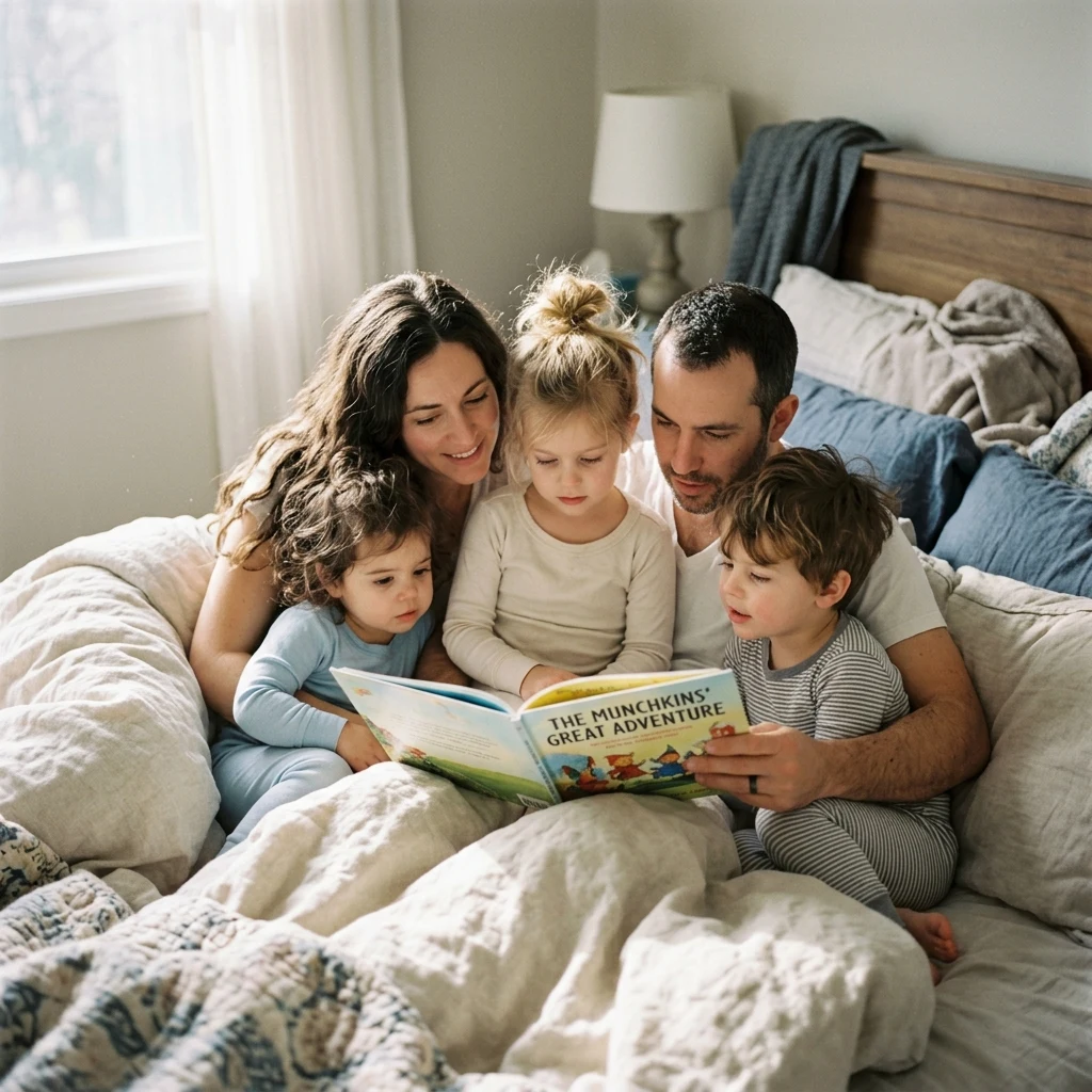 Family reading together in a cozy bed