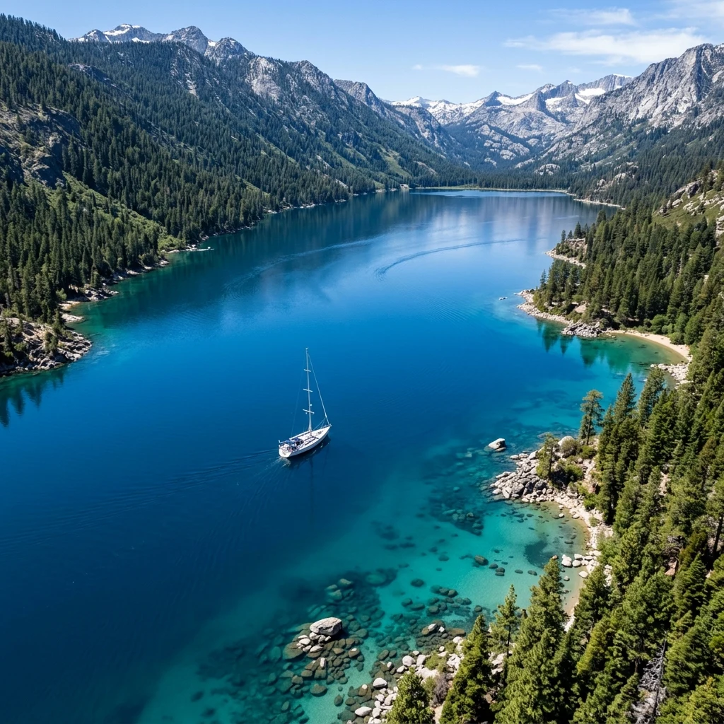 An overhead drone photograph of a sailboat gliding across the clear cobalt water of Lake…