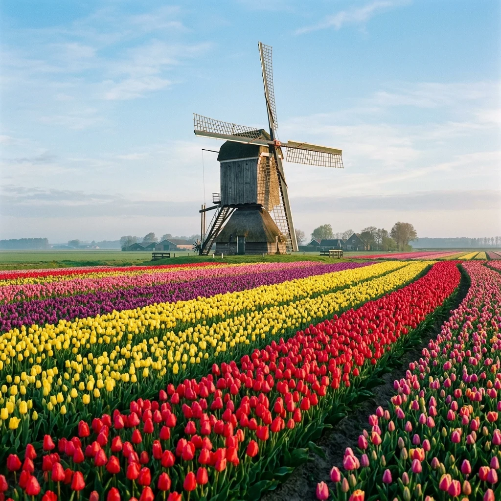 A traditional Dutch windmill towering over a tulip field in spring