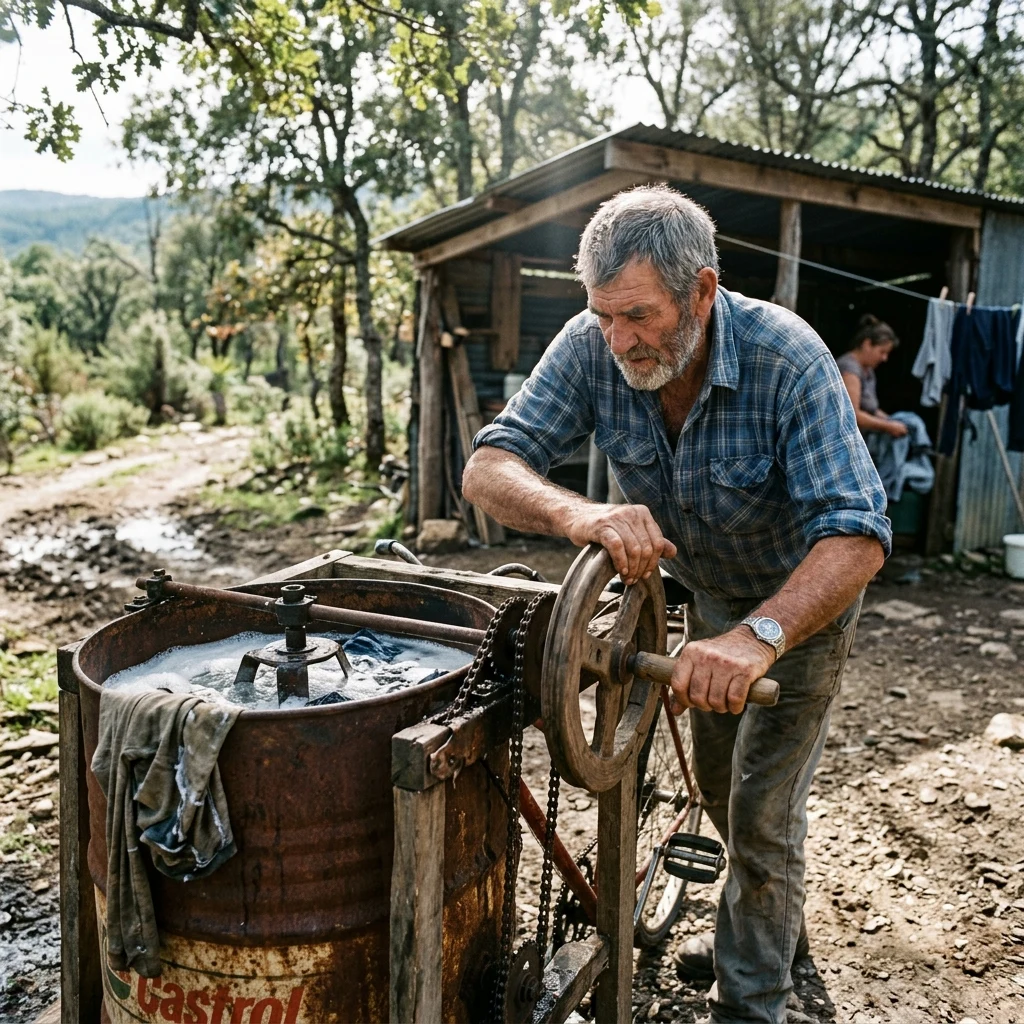 A homesteader using a hand-cranked washing machine fashioned from a perforated metal oil…