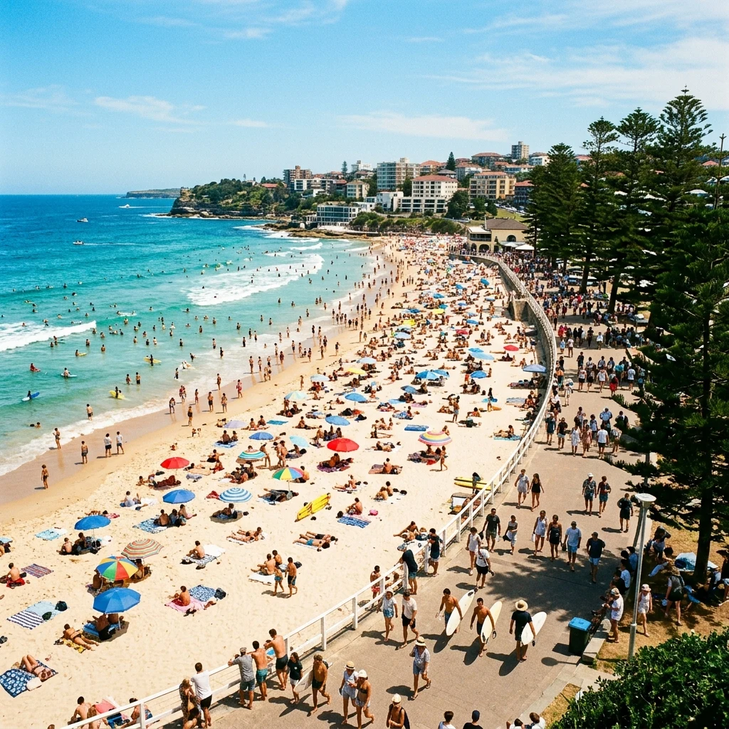 A packed beach scene at Manly Beach in Sydney
