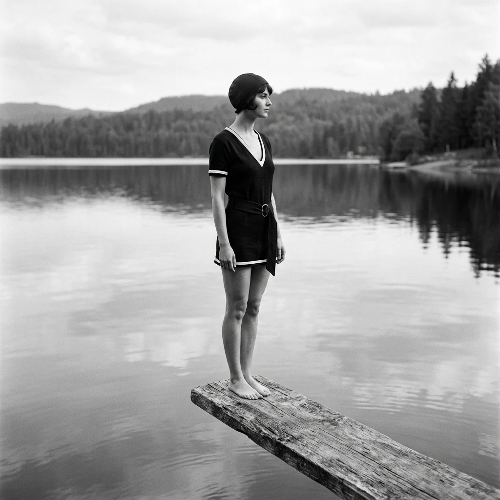 A 1920s flapper-style wool jersey swim suit with a belt at the hips