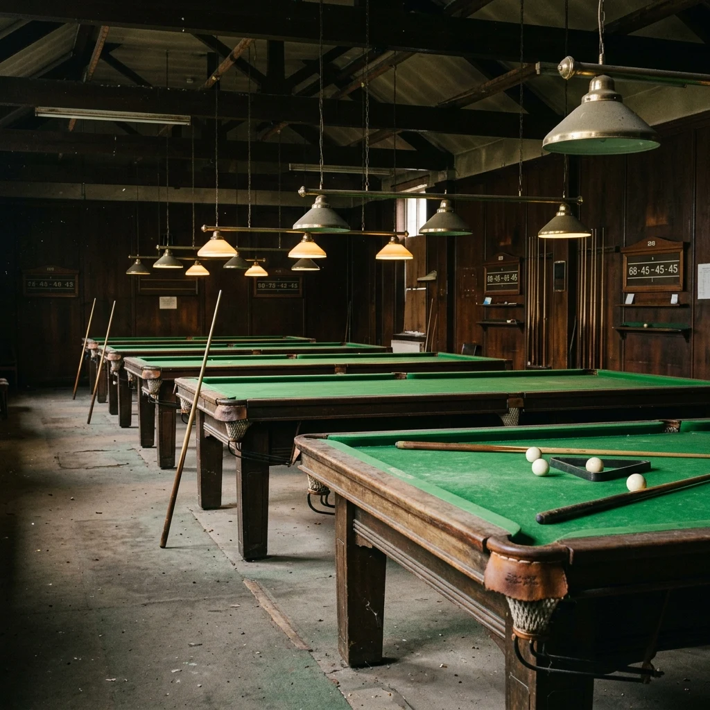 Empty snooker hall with glowing lights
