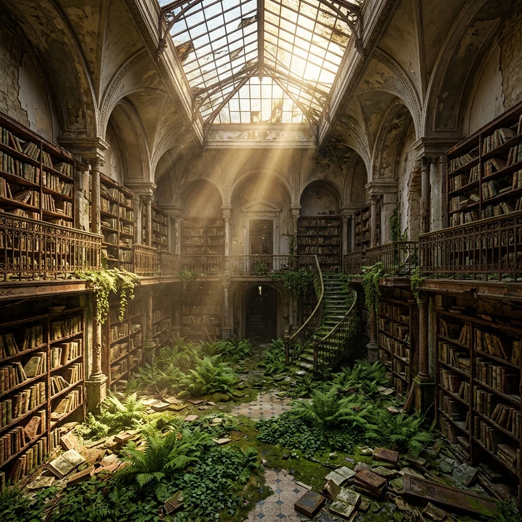 An overgrown urban library interior with decaying bookshelves rotting under open skylights