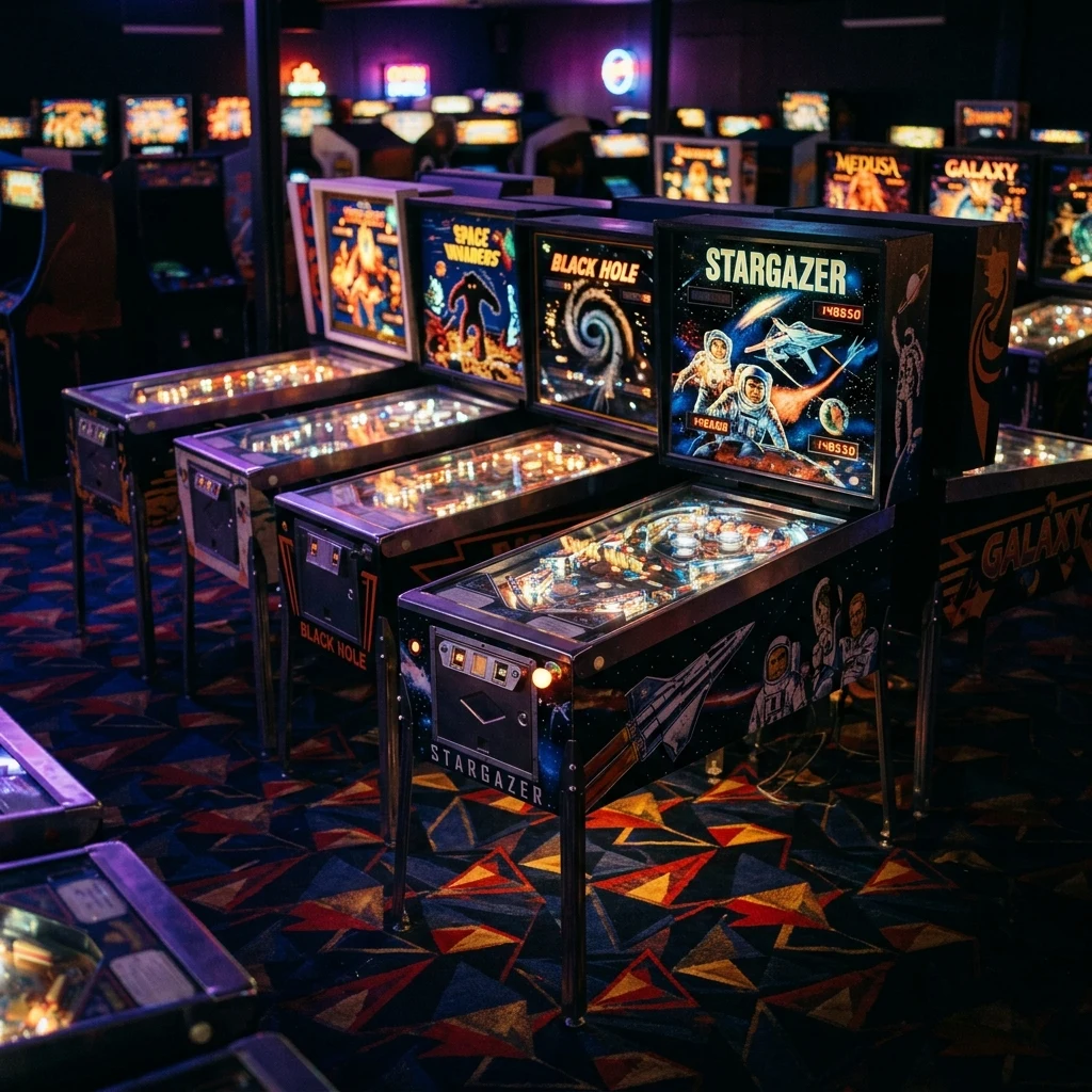 A dimly lit pinball arcade at 1 a.m.