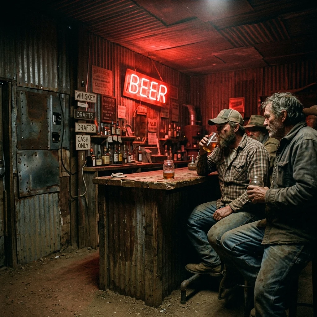 A rusted tin-roofed saloon inside a scrap-built boomtown