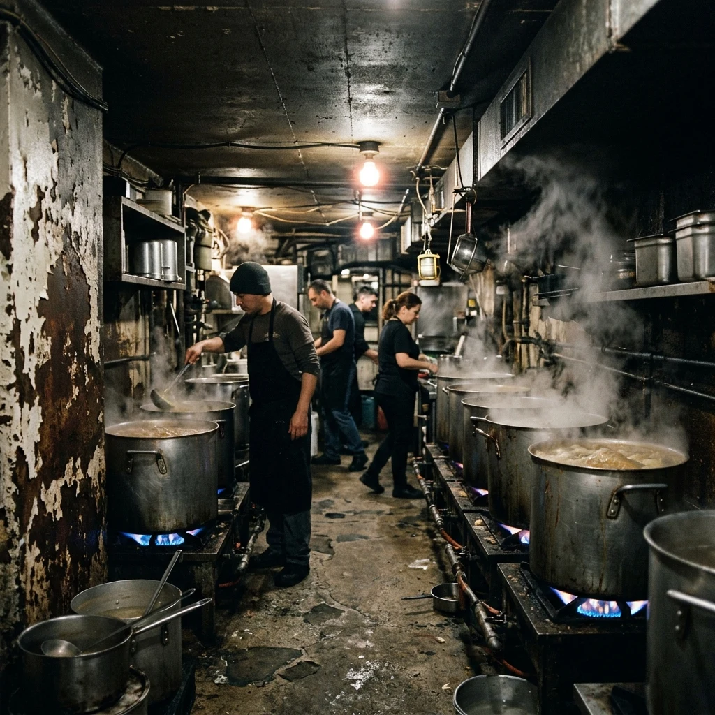 Cooking in a rustic underground kitchen