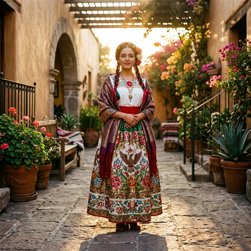 A Mexican woman in a traditional Puebla China Poblana dress with heavily beaded floral…