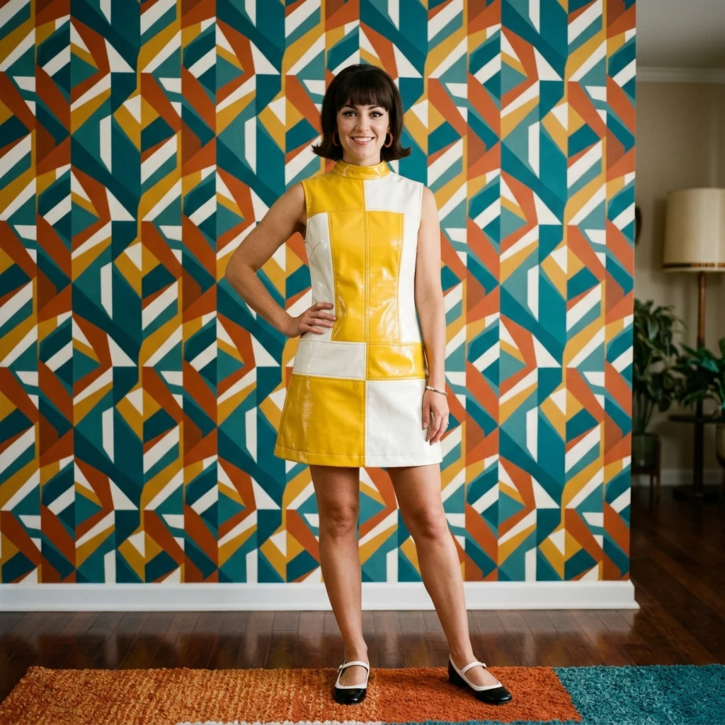A 1960s mod-style A-line mini dress in color-blocked vinyl yellow and white
