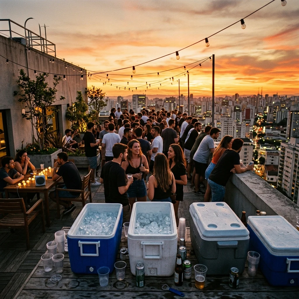 A rooftop party at golden hour on a disposable camera