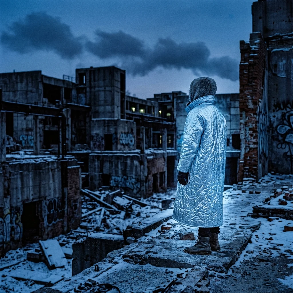 A winter coat reinforced with quilted insulation cut from a silver metallic sunshade…