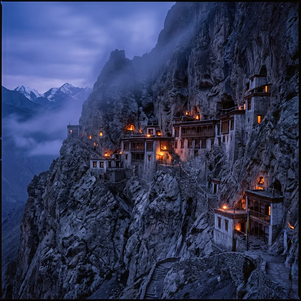 A long-exposure 4x5 large-format photograph of a remote Himalayan monastery perched on a…