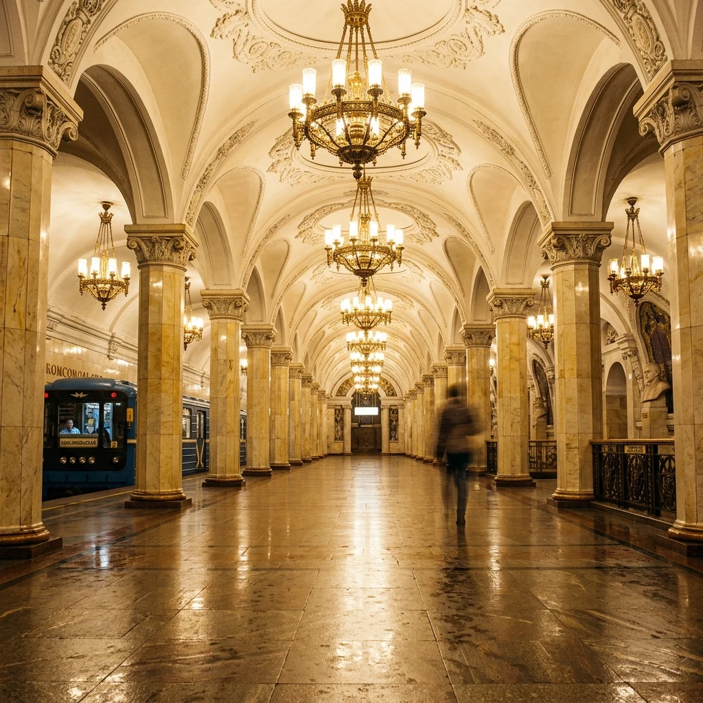 Grand marble station with golden chandeliers