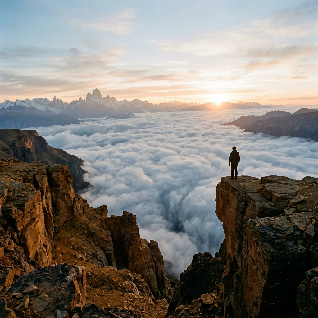 A lone hiker standing on the edge of the Sentinel Peak plateau in the Drakensberg