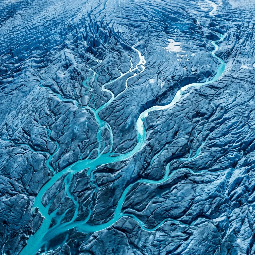 Meltwater channels cut into blue glacier ice