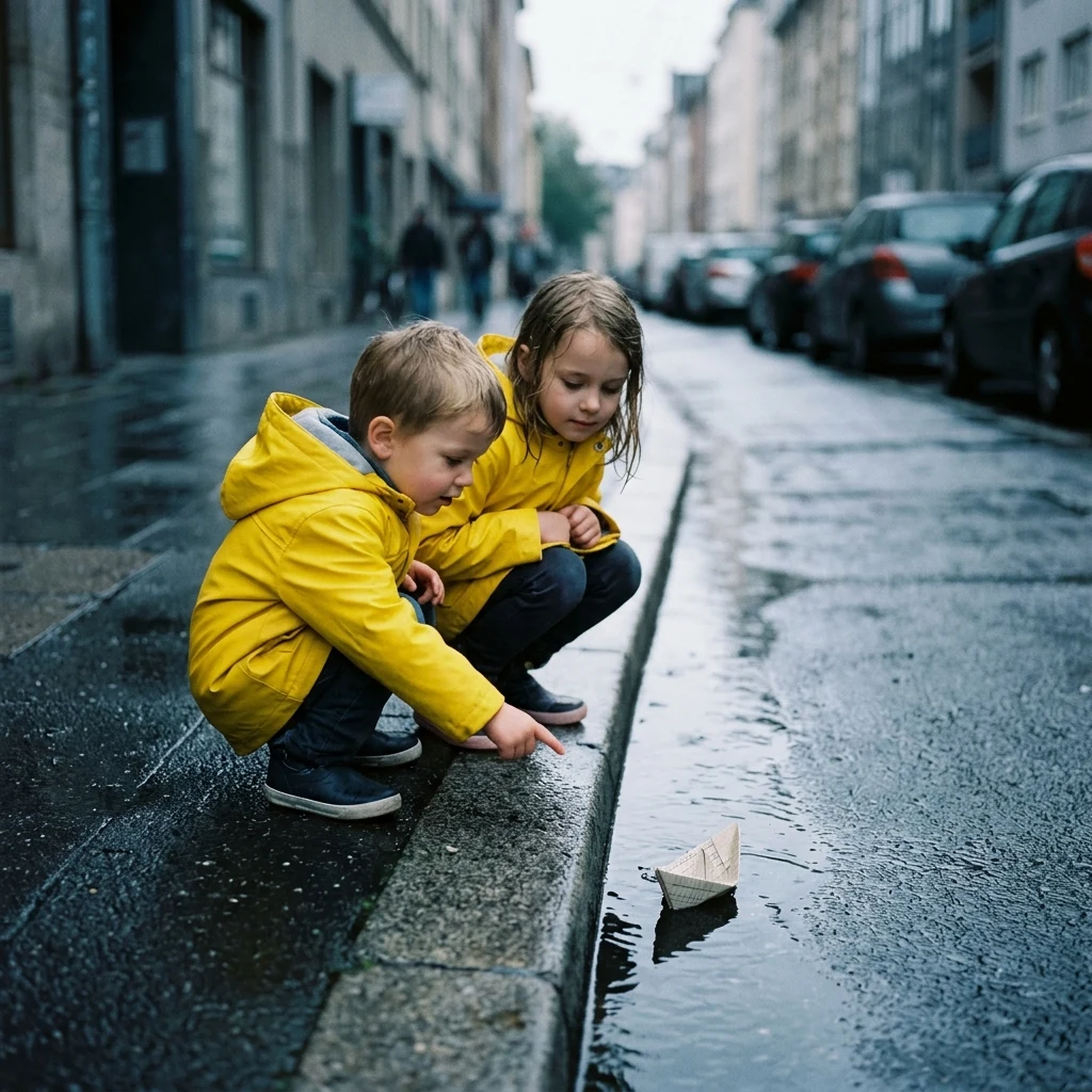 A six-year-old boy and his eight-year-old sister crouched on a rain-slicked sidewalk…
