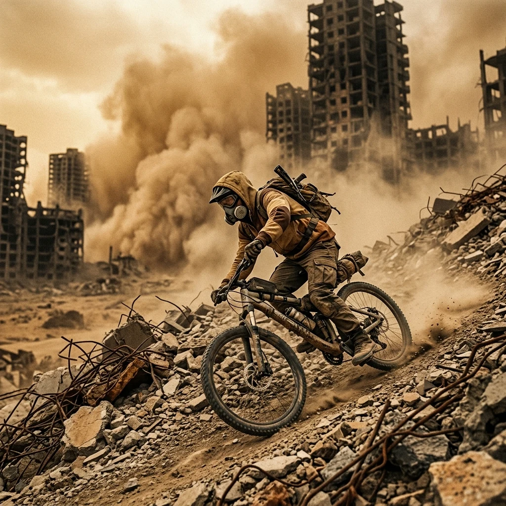 A desert scavenger navigating a mountain bike down a steep pile of crushed masonry and…