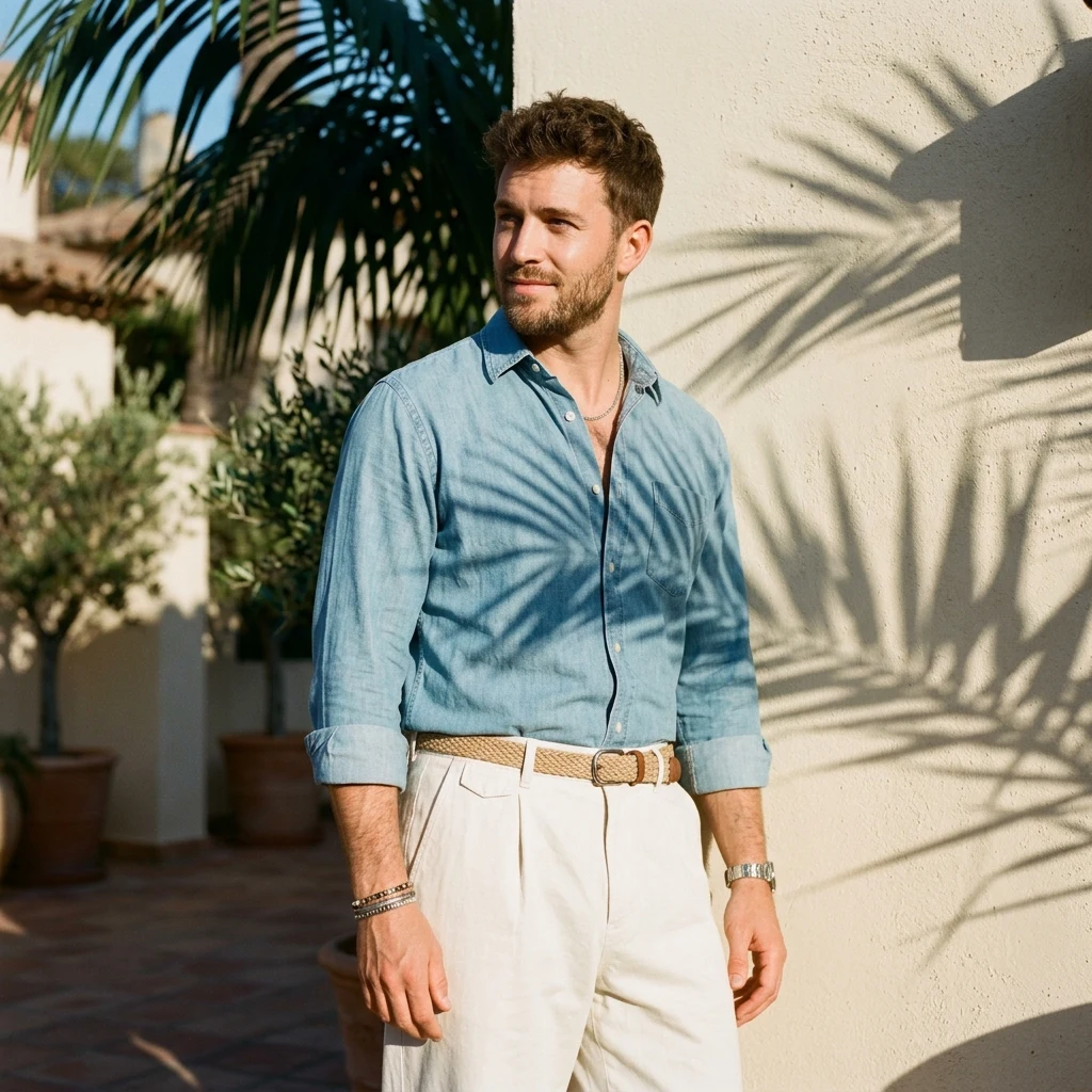 Stylish man posing against a sunlit wall