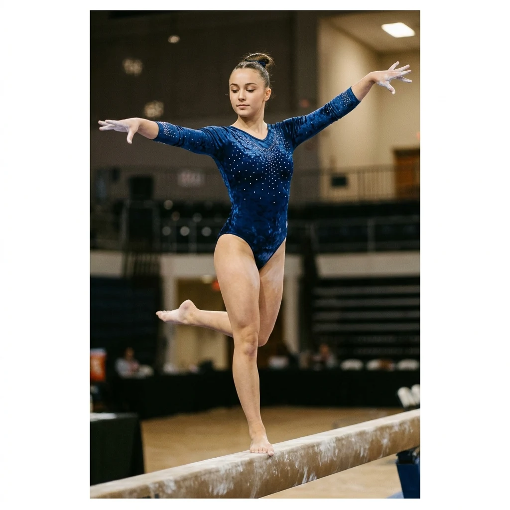 Gymnast balancing on a beam in an arena