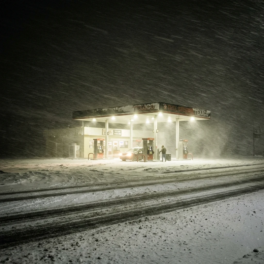 A single lit gas station in a whiteout