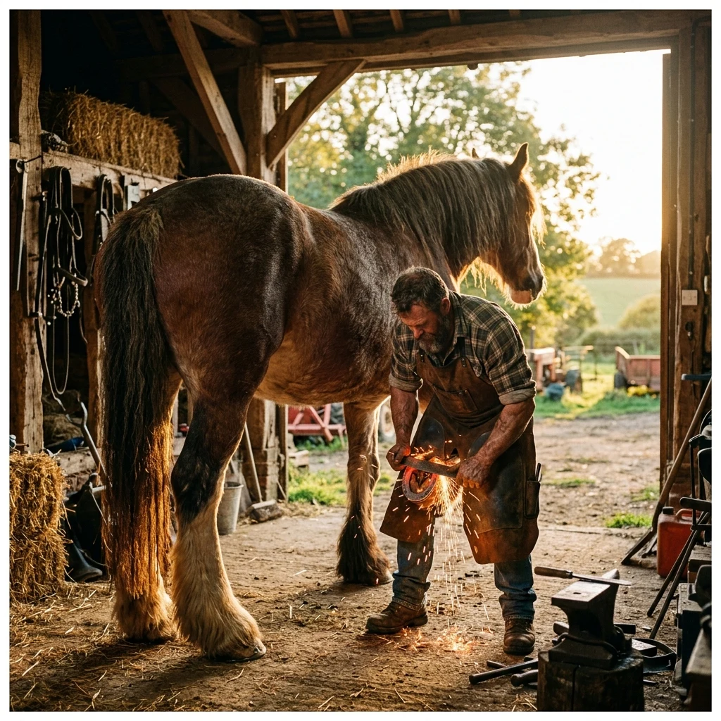 A farrier shoeing a draft horse in an open barn doorway