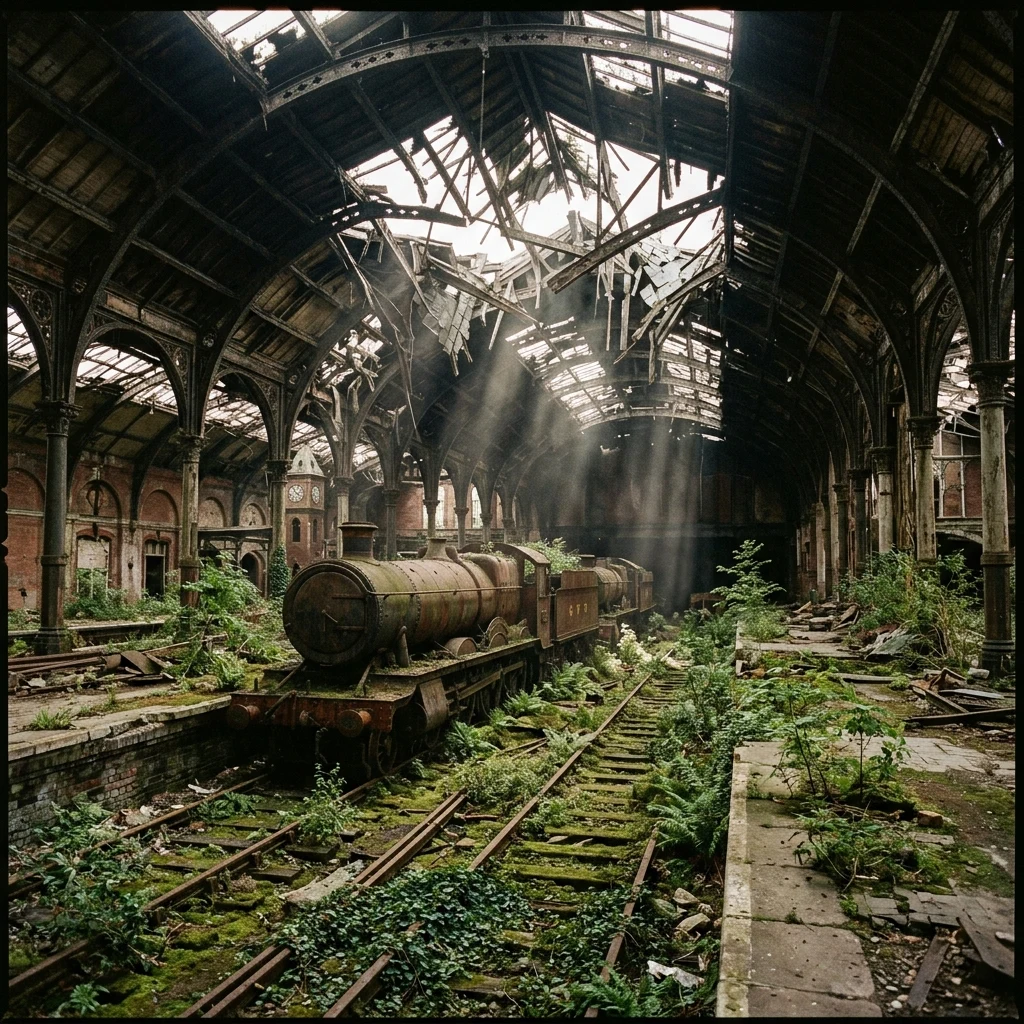 A ruined train station with a caved-in vaulted ceiling