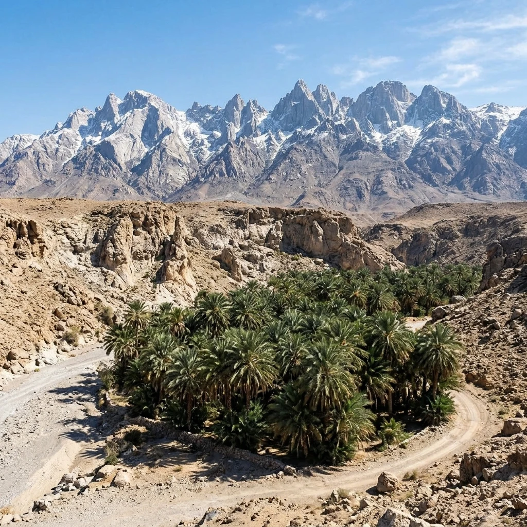 A snow-covered peak in the Atlas Mountains rising dramatically above an arid palm oasis…