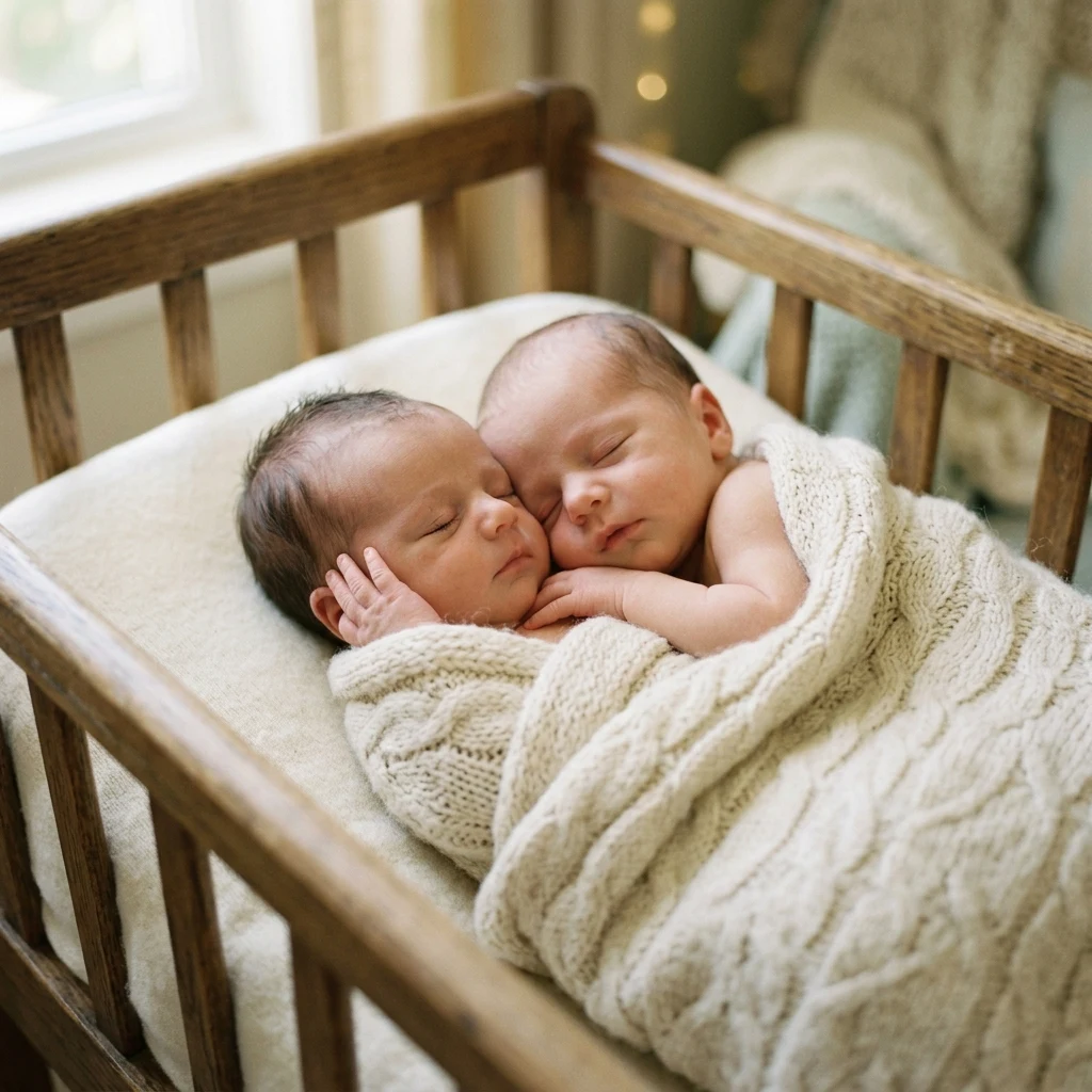 Newborns resting together in a wooden crib