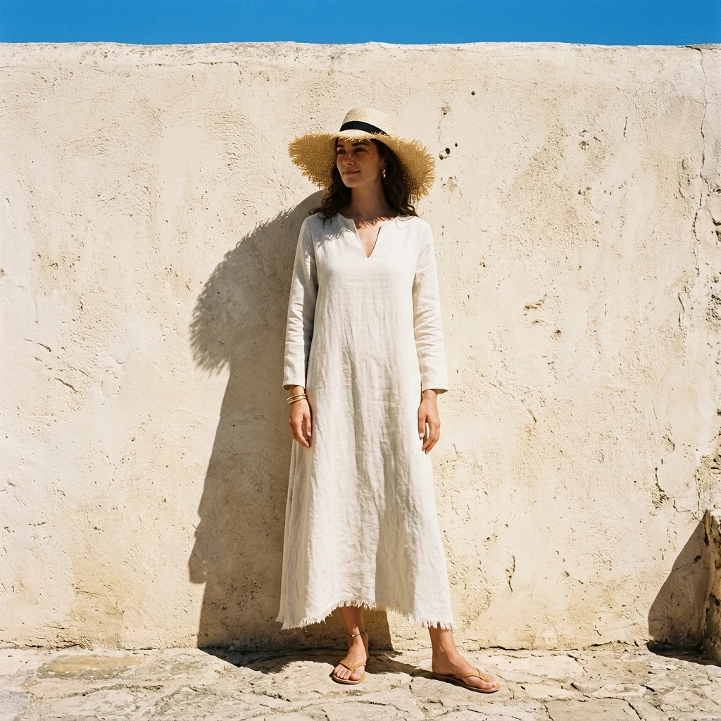 Person in a straw hat by a stucco wall