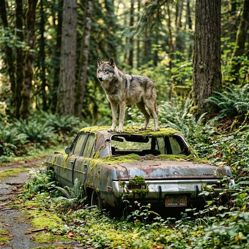 Wolf resting on a car in the forest