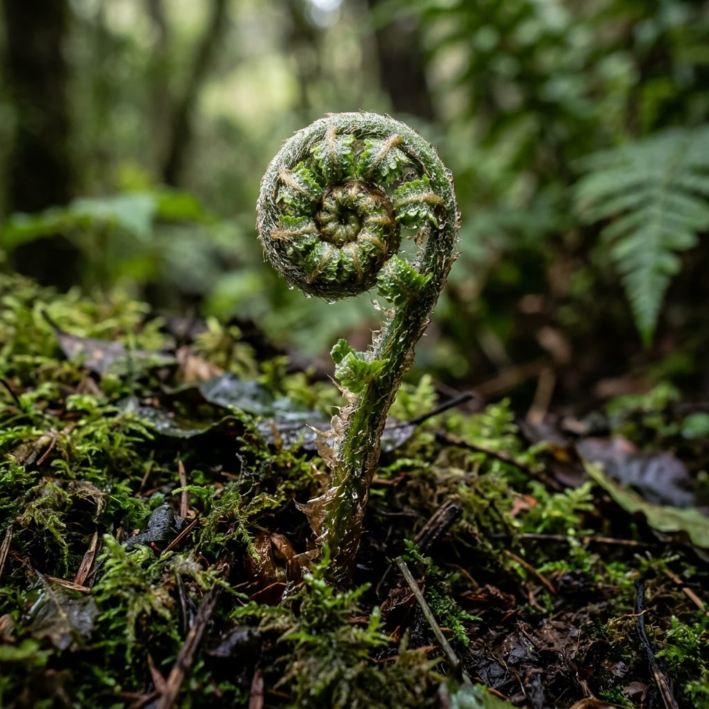 Fiddleheads unrolling on a forest floor