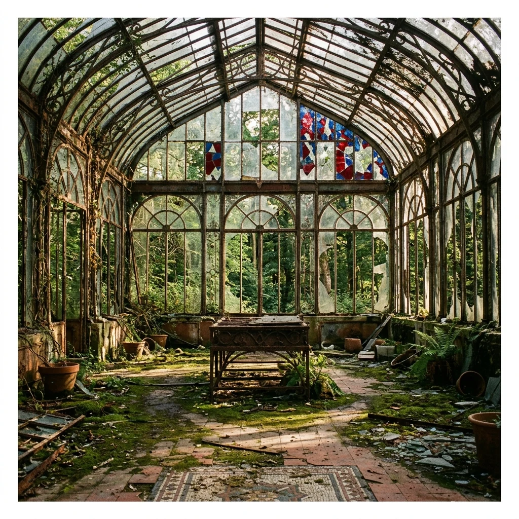 Sunlight streaming into a decaying conservatory