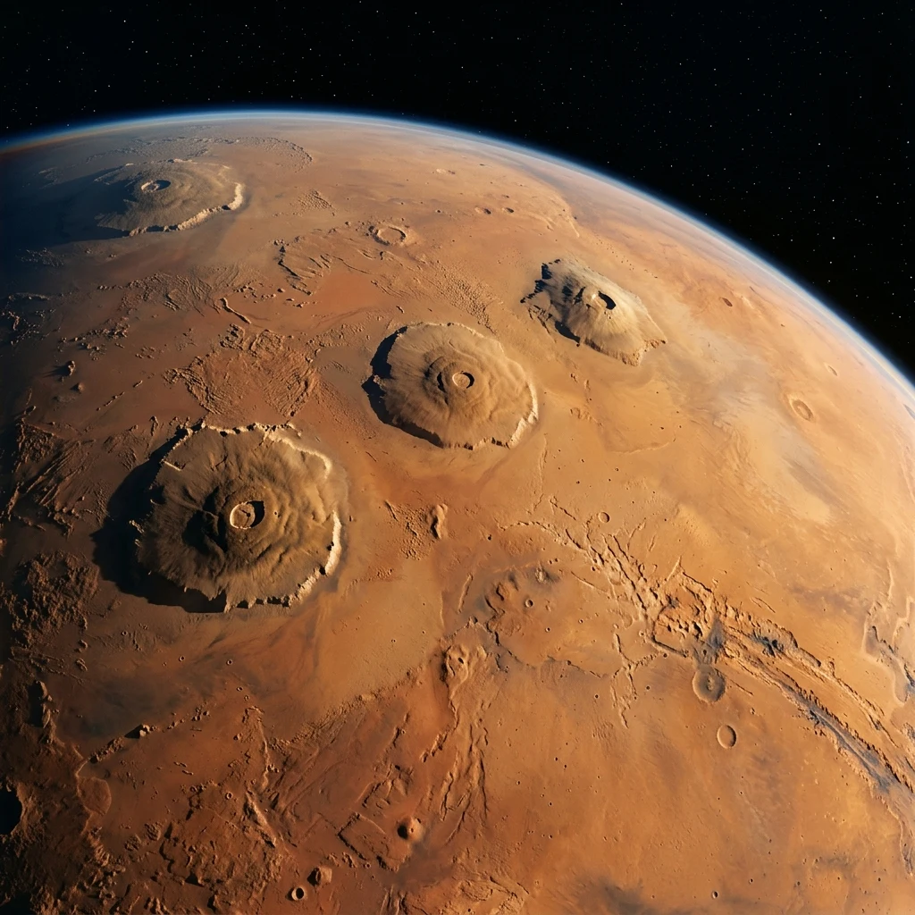 An orbital view of Mars showing the three colossal shield volcanoes of Tharsis Montes…