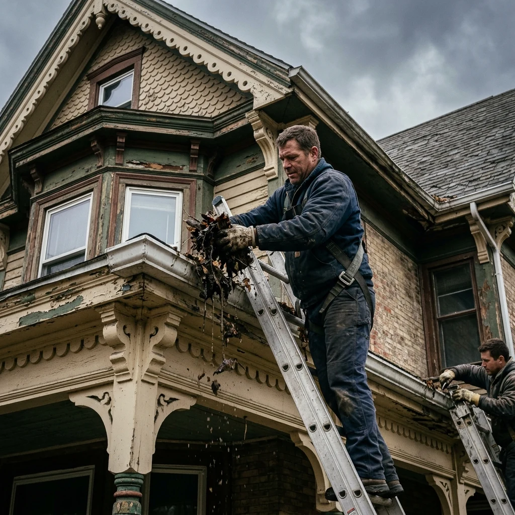 A gutter-cleaning crew on ladders against a Victorian house