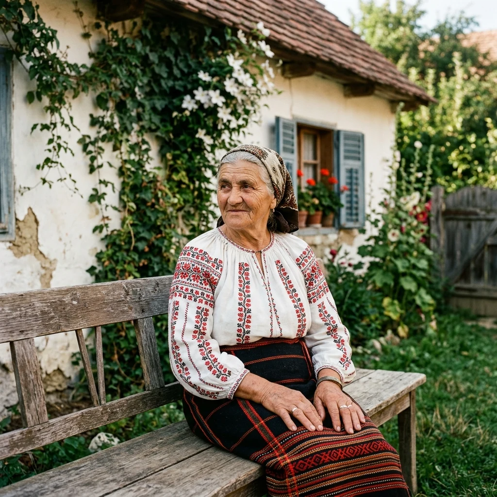 A Romanian woman in a hand-embroidered ia linen blouse with red intricate cross-stitching…