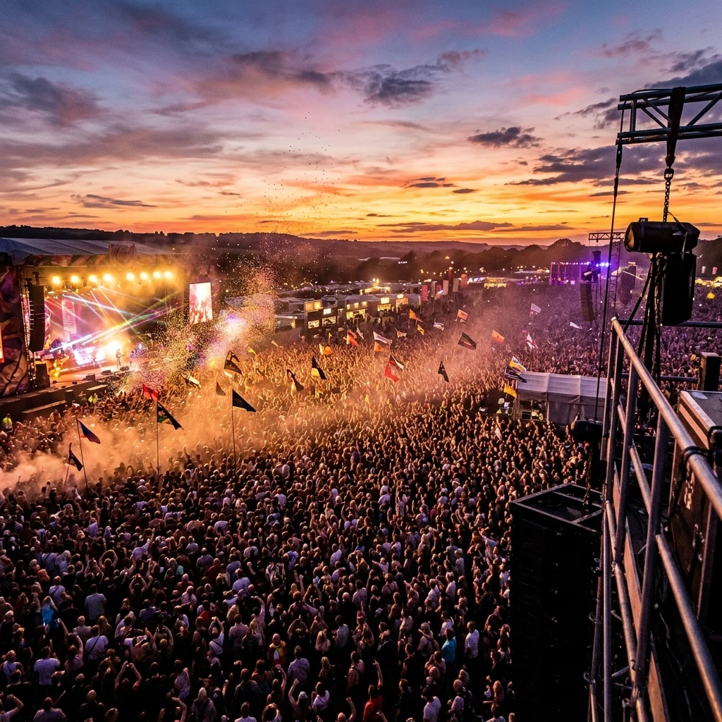 A music festival crowd shot from the sound tower at sunset