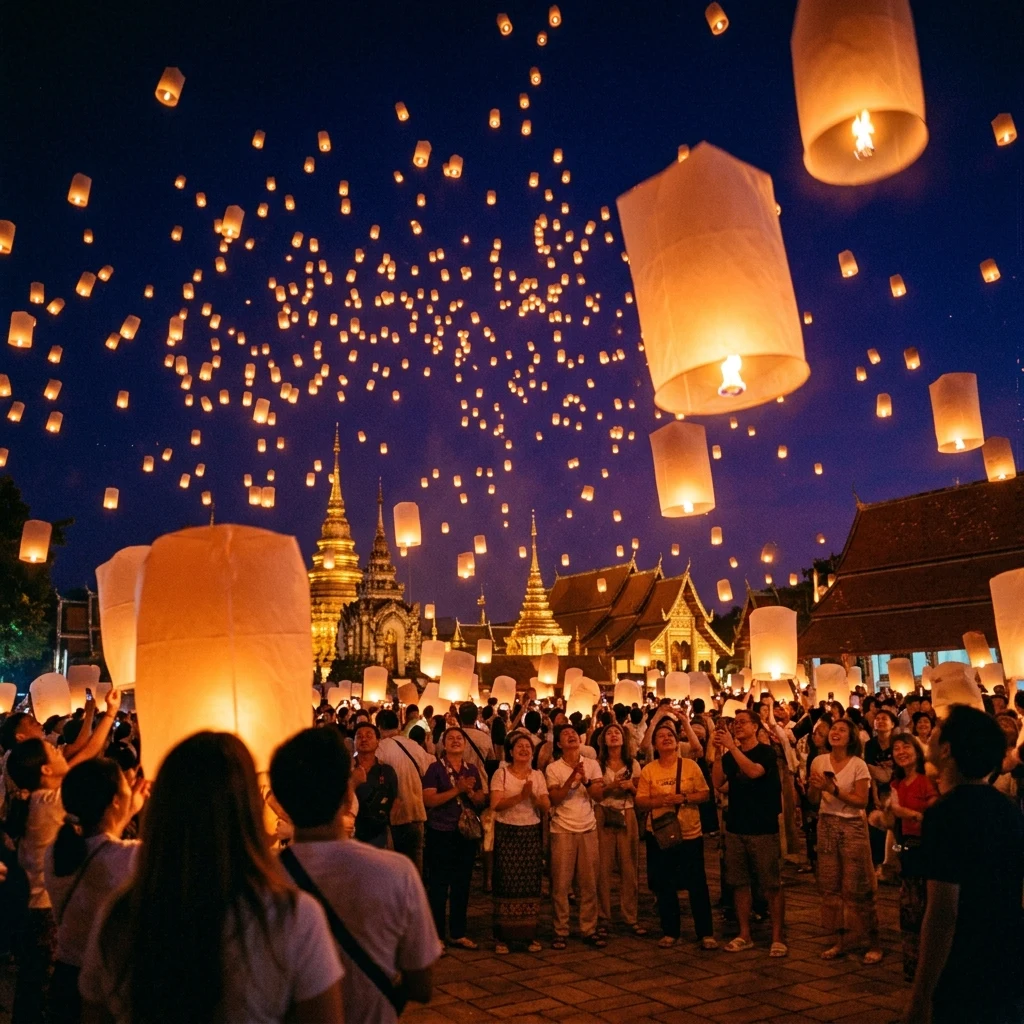 A floating lantern festival in Chiang Mai during Yee Peng