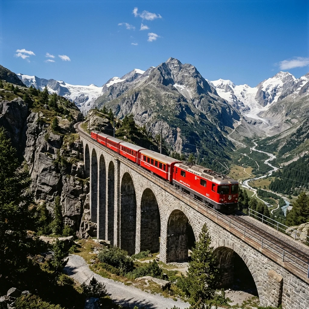 A red mountain cogwheel train climbing a steep viaduct in the Swiss Alps