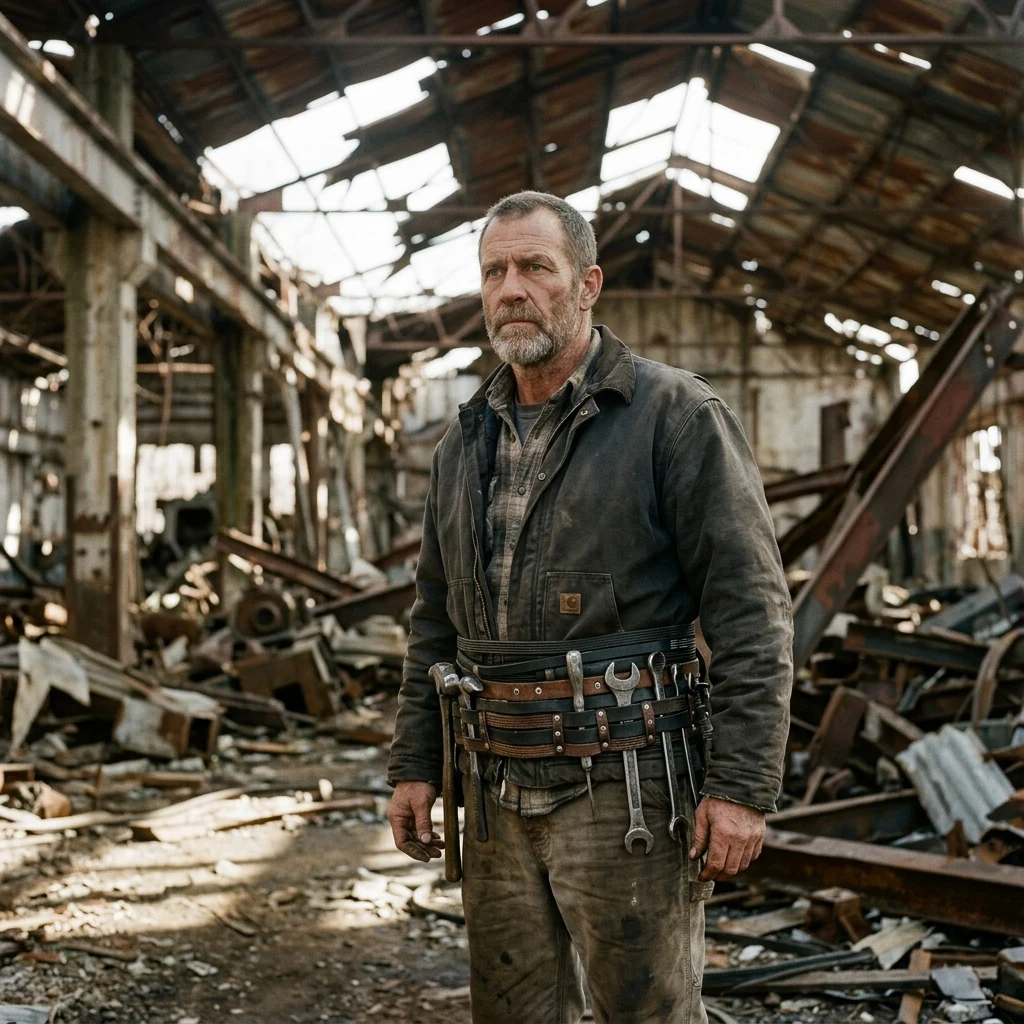 A survivor wearing a heavy tool belt crafted entirely from thick rubber serpentine belts…