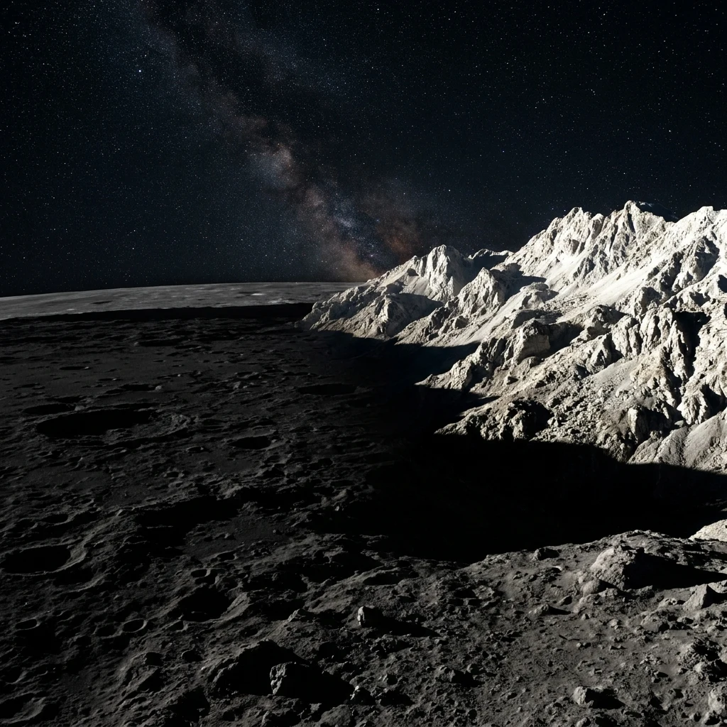 The dark, flat lava plain of Mare Serenitatis meeting the jagged, sunlit boulder slopes…