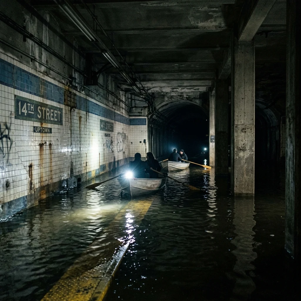 A flooded subway station with small boats poled between the columns