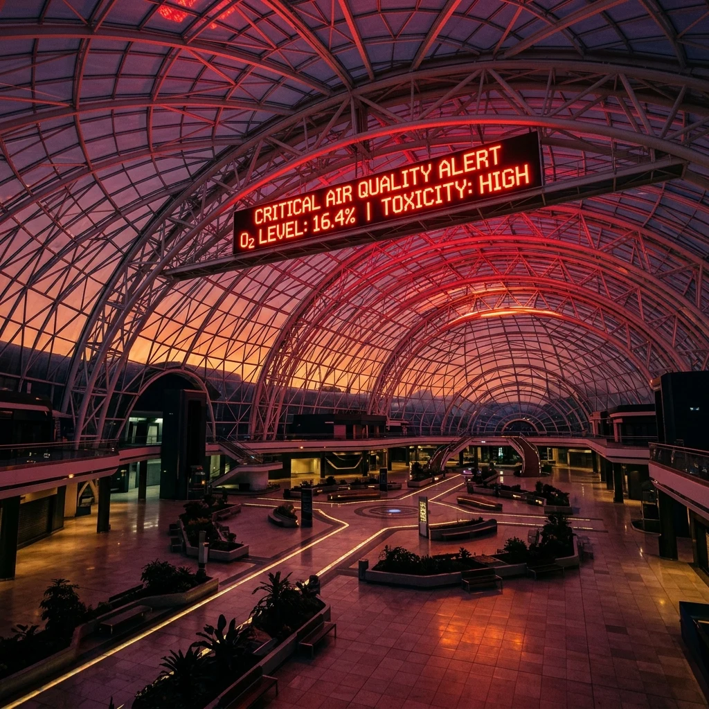 The interior of a sealed dome habitat at simulated sunset