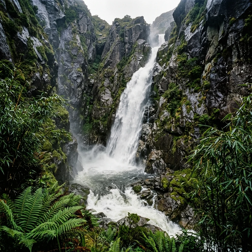 A roaring waterfall crashing down dark mossy granite cliffs deep within the Rwenzori…