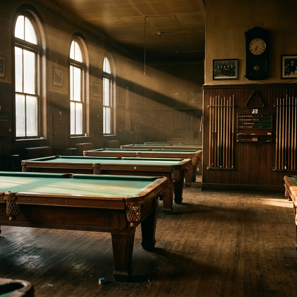 An quiet billiards parlor at dawn