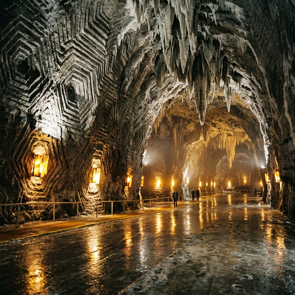 A subterranean salt mine gallery carved into intricate geometric patterns