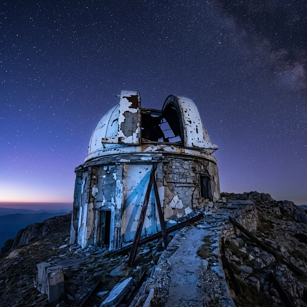 A long-exposure 4x5 large-format photograph of a derelict mountaintop observatory at blue…