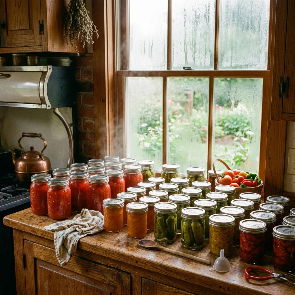 A farmhouse kitchen at canning season